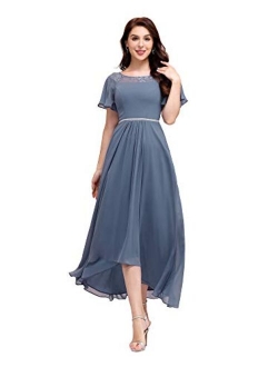 Women's Elegant A-line Short Sleeve High Low Chiffon Midi Bridesmaid Dress 0465