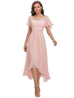 Women's Elegant A-line Short Sleeve High Low Chiffon Midi Bridesmaid Dress 0465