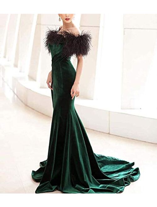 Tianzhihe Feather Velvet Mermaid Prom Dress Off Shoulder Long Formal Party Gown Evening Dress with Slit