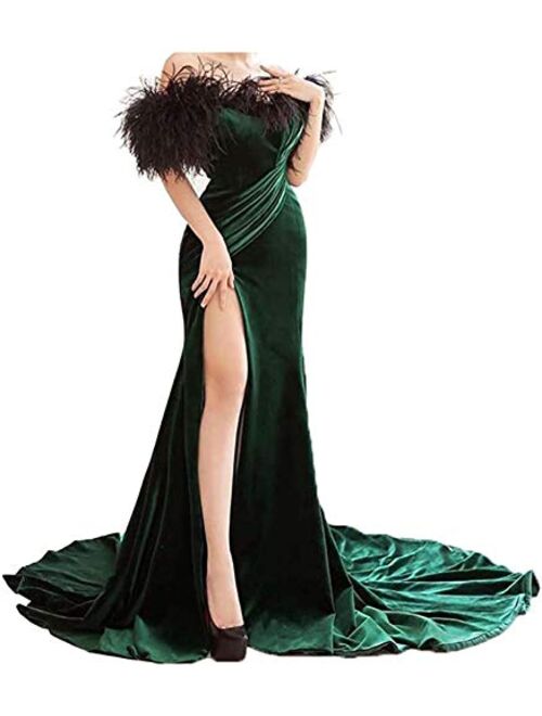 Tianzhihe Feather Velvet Mermaid Prom Dress Off Shoulder Long Formal Party Gown Evening Dress with Slit