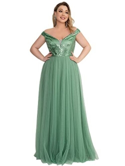 Women's Plus Size V Neck Sequin Tulle A Line Evening Formal Dress 0277-PZ