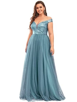 Women's Plus Size V Neck Sequin Tulle A Line Evening Formal Dress 0277-PZ