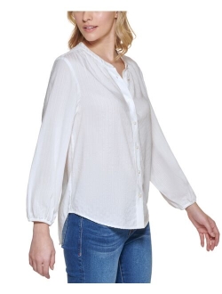 Button-Front Blouson-Sleeve Top