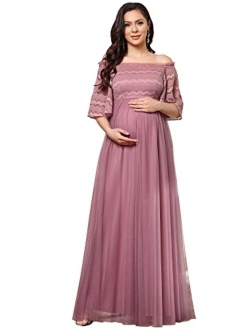 Women's Off-Shoulder Long Lace and Tulle Maternity Photoshoot Dress 20828