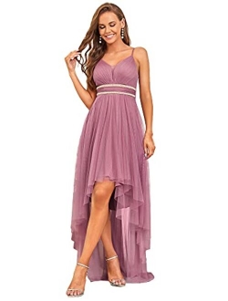 Women's Spaghetti V Neck A-line High-Low Party Dress Long Evening Dress 0212