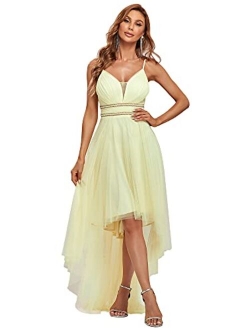 Women's Spaghetti V Neck A-line High-Low Party Dress Long Evening Dress 0212