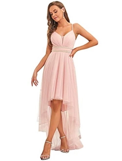 Women's Spaghetti V Neck A-line High-Low Party Dress Long Evening Dress 0212