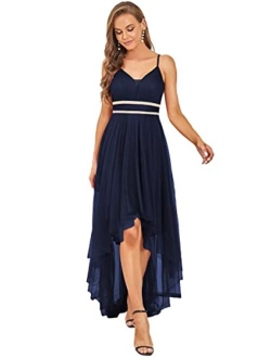 Women's Spaghetti V Neck A-line High-Low Party Dress Long Evening Dress 0212