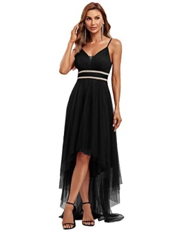 Women's Spaghetti V Neck A-line High-Low Party Dress Long Evening Dress 0212