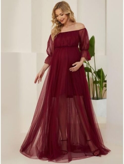 Women's Off-Shoulder A-line Tulle Maternity Dress for Baby Shower 20862