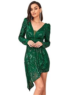 Womens V-Neck Long Sleeves Knee-Length Sequin Formal Party Dress 40431