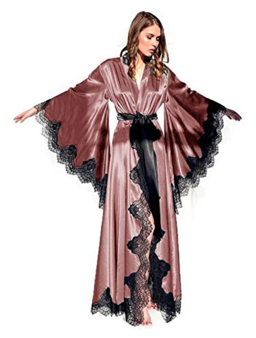 Tianzhihe Silk Satin Bridal Robe Long Lace Sexy Boudoir Lingerie Nightgown Kimono Wedding Scarf Maternity Shoot