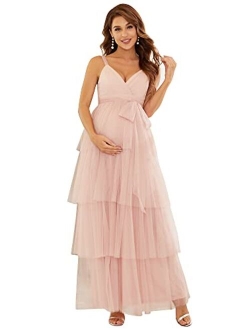 Women's V-Neck Bow Sash Tassel Tulle Maternity Evening Party Dress 20794