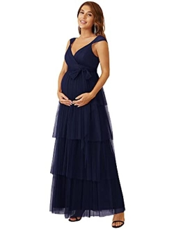 Women's V-Neck Bow Sash Tassel Tulle Maternity Evening Party Dress 20794