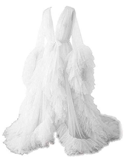 Tianzhihe Women's Tulle Robe Puffy Bridal Lingerie Bathgown Dressing Gown Sheer Maternity Photoshoot