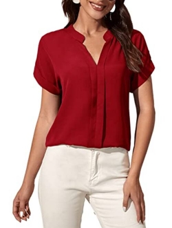 Women's Casual Split V Neck Blouse Short Sleeve Stand Collar Tee Top