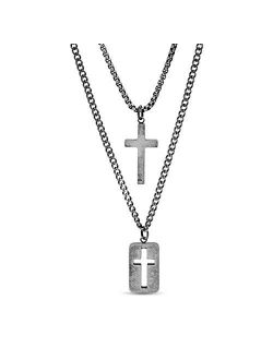 28" Oxidized Stainless Steel Box and Curb Chain Cross Pendant and Dogtag Duo Necklace Set For Men