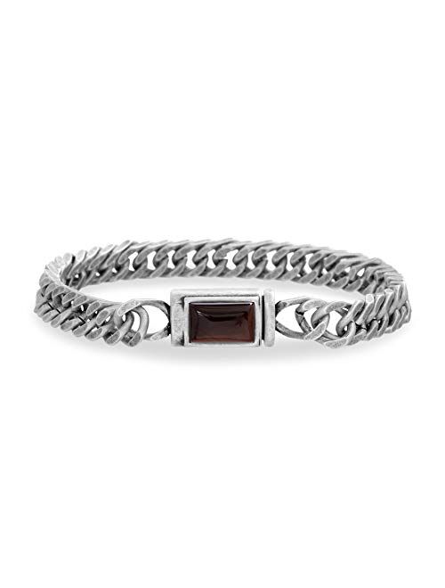 Steve Madden Men's Red Simulated Tiger's Eye Square Accent Franco Chain Bracelet in Stainless Steel, Silver-Tone, One Size