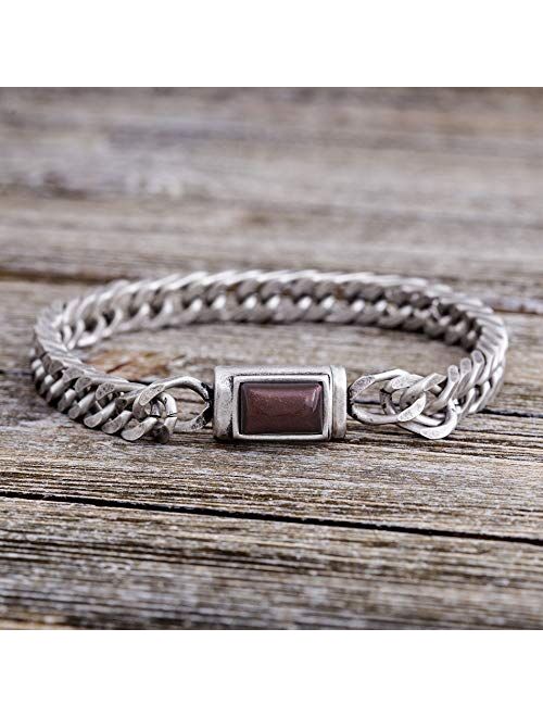 Steve Madden Men's Red Simulated Tiger's Eye Square Accent Franco Chain Bracelet in Stainless Steel, Silver-Tone, One Size