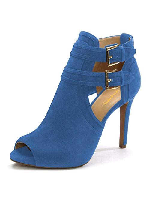 XYD Women Peep Toe Ankle Bootie High Heels Buckled Double Straps Cutout Fashion Pumps Club Party Shoes