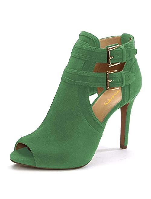 XYD Women Peep Toe Ankle Bootie High Heels Buckled Double Straps Cutout Fashion Pumps Club Party Shoes