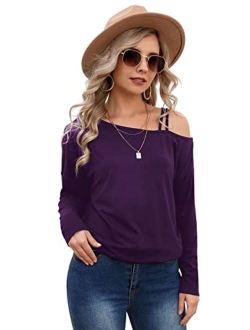 Women's One Shoulder Spaghetti Strap Long Sleeve T Shirt Pullover Tee Top