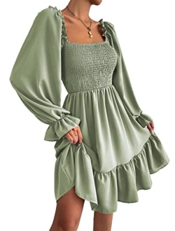 Women's Shirred Ruffle Long Flounce Sleeve Mini A Line Dress Square Neck High Waist Short Dresses