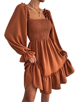 Women's Shirred Ruffle Long Flounce Sleeve Mini A Line Dress Square Neck High Waist Short Dresses