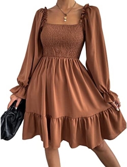 Women's Shirred Ruffle Long Flounce Sleeve Mini A Line Dress Square Neck High Waist Short Dresses