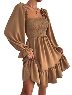 Women's Shirred Ruffle Long Flounce Sleeve Mini A Line Dress Square Neck High Waist Short Dresses