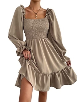 Women's Shirred Ruffle Long Flounce Sleeve Mini A Line Dress Square Neck High Waist Short Dresses