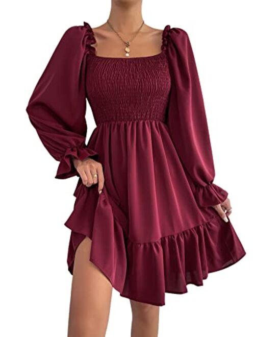 SheIn Women's Shirred Ruffle Long Flounce Sleeve Mini A Line Dress Square Neck High Waist Short Dresses