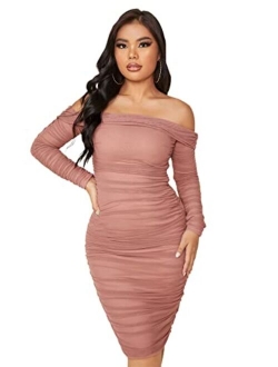 Women's Ruched Off Shoulder Bodycon Dress Long Sleeve Mesh Knee Length Dresses