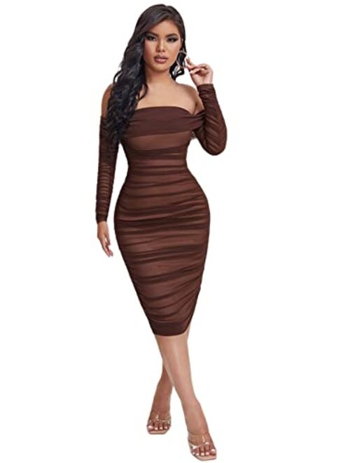 SheIn Women's Ruched Off Shoulder Bodycon Dress Long Sleeve Mesh Knee Length Dresses