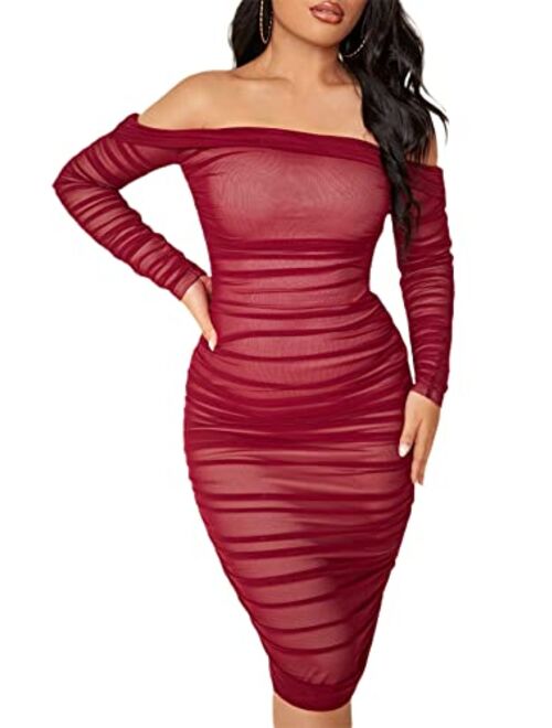 SheIn Women's Ruched Off Shoulder Bodycon Dress Long Sleeve Mesh Knee Length Dresses