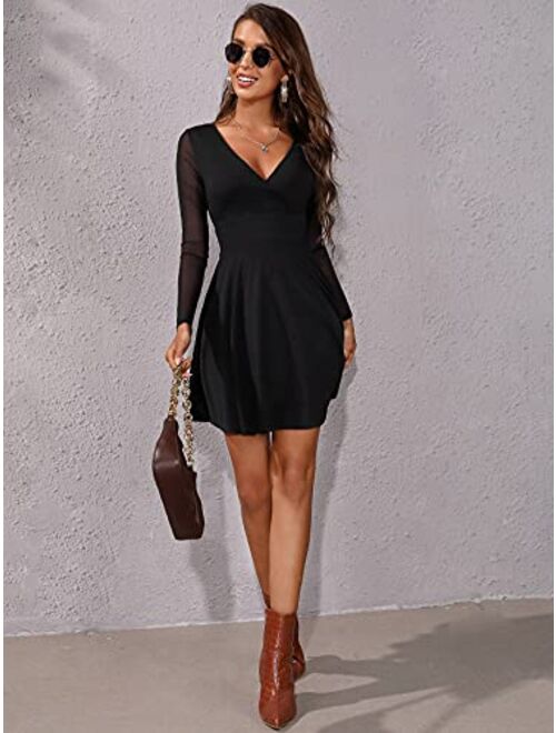 SheIn Women's Mesh Long Sleeve Wrap Neck Slim Fit Flare Mini Party Dress