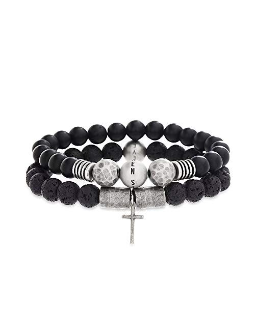 Steve Madden Stainless Steel Cross Charm Black Lava Stone Beaded Stretch Bracelet Set For Men, White (SMCBS488530-SBK), One Size