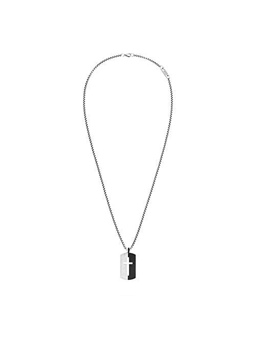 Steve Madden 28 Inch Polished Split Design Open Cross Dogtag Box Chain Necklace for Men in Black IP Plated Stainless Steel (Black)