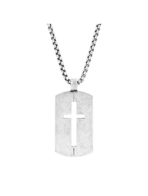 Steve Madden 28 Inch Polished Split Design Open Cross Dogtag Box Chain Necklace for Men in Black IP Plated Stainless Steel (Black)