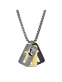 26" Tri-Color Stainless Steel Box Chain Open Cross Dogtag Trio Pendant Necklace For Men