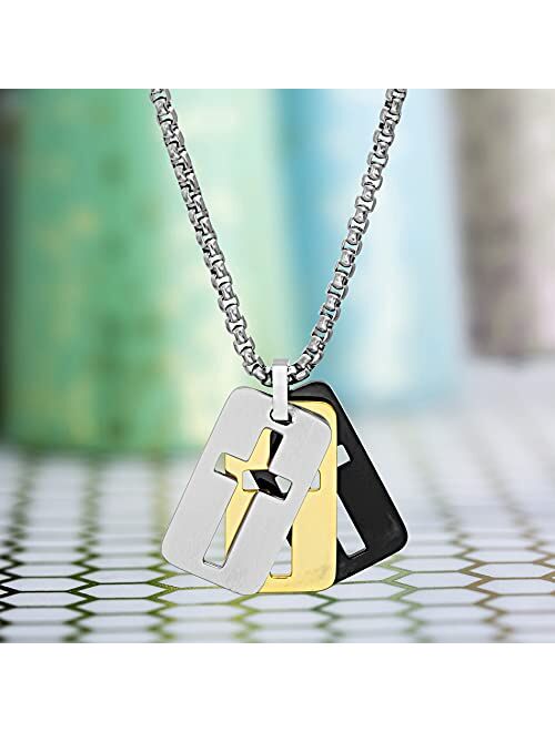 Steve Madden 26" Tri-Color Stainless Steel Box Chain Open Cross Dogtag Trio Pendant Necklace For Men