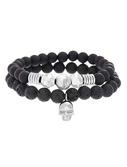 Steve Madden Stainless Steel Skull Station, Simulated Black Onyx, and Lava Stone Beaded Stretch Bracelet Set for Men (SMMB502401OX-BO), One Size