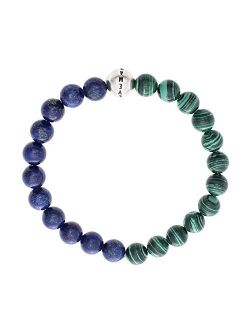 Blue Simulated Lapis and Green Simulated Malachite Adjustable Beaded Bracelet for Men in Stainless Steel