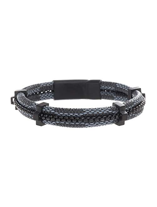 Steve Madden Men's 8" Blue Braided Leather and Black Box Chain Bracelet in Black IP Plated Stainless Steel, Black, 8