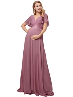 Womens Short Sleeve A-line V-Neck Chiffon Maternity Dresses for Party 9890-YF