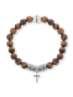 Beaded Stainless Steel Cross Station Stretch Bracelet for Men