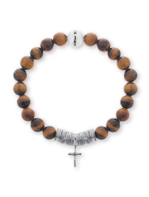 Steve Madden Beaded Stainless Steel Cross Station Stretch Bracelet for Men