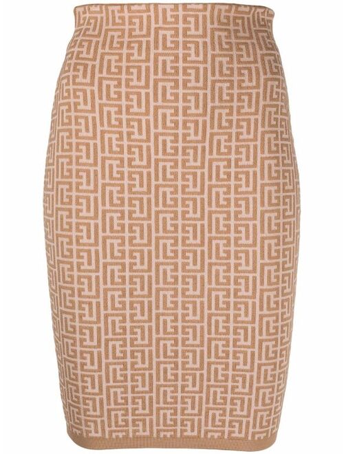 Balmain monogram-pattern pencil skirt