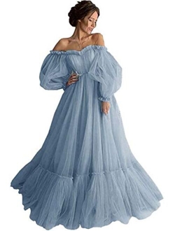 Tianzhihe Puffy Sleeve Prom Dress Long Off Shoulder Tulle Photoshoot Maternity Dress Ball Gown