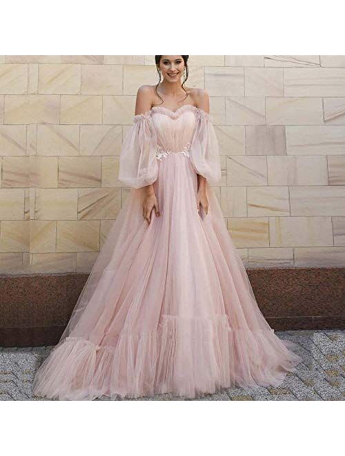 Tianzhihe Puffy Sleeve Prom Dress Long Off Shoulder Tulle Photoshoot Maternity Dress Ball Gown